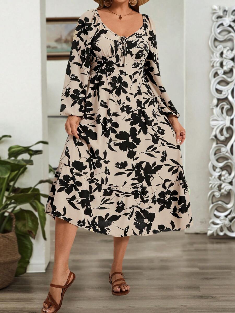 SHEIN VCAY Plus Size Women's Long Sleeve Random Printed Simple Daily Wear Dress