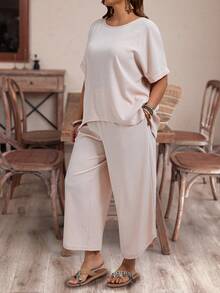 EMERY ROSE Conjunto de dos piezas de uso diario de talla grande para mujeres, con blusa de cuello redondo y pantalones, diseño liso y sencillo - Albaricoque - Ver 4