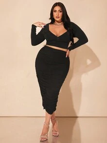 SHEIN BAE Bộ váy hai mảnh cổ lọ xếp nếp tay dài thanh lịch cho nữ dự tiệc sang trọng, thiết kế thanh lịch, dành cho ngày lễ, thu đông - màu đen - Xem 6