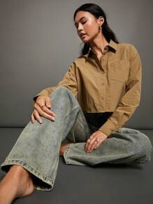 WESTFADE Cut Out Cropped Shirt - Olive Green - View 6