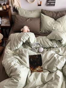 3pcs Green Flannel Dorm Bedding Set, Including Duvet Cover, Pillowcase - Green - View 2