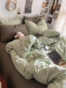 3pcs Green Flannel Dorm Bedding Set, Including Duvet Cover, Pillowcase - Green - View 5