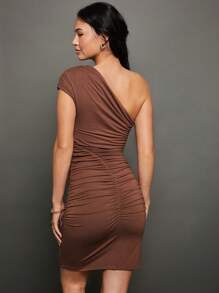 WESTFADE One Shoulder Mini Dress - Coffee Brown - View 2
