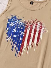 SHEIN LUNE Plus Size Independence Day Printed Round Neck Sleeveless Top For Daily Casual Wear - Khaki - View 5