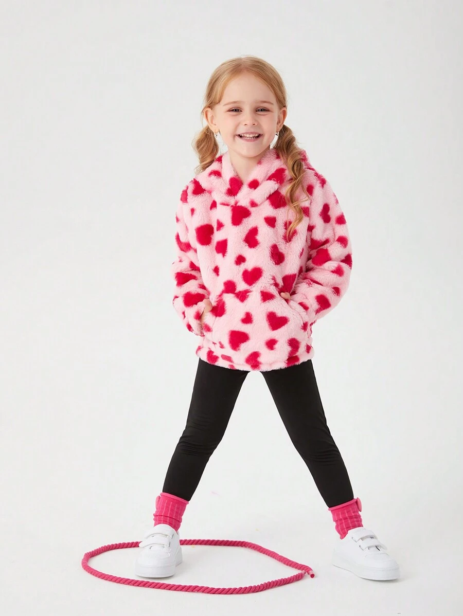 SHEIN 小女孩粉紅色有帽心形印花帶口袋絨布休閒可愛冬季裝 - 粉色 - 查看 1