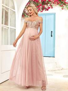 Maternity Cold Shoulder Sequin Contrast Mesh Formal Party Photoshoot Dress