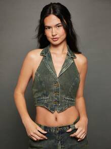 WESTFADE Premium 100% Cotton Denim Halter Top - Blue - View 7