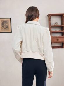 Teen Girl Fashionable Short Bubble Sleeve Casual Jacket With Single-Breasted Button - Apricot - View 2