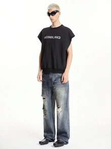 NEON BLANC Men's Cotton Distressed Loose Straight-Leg Spray-Painted Jeans