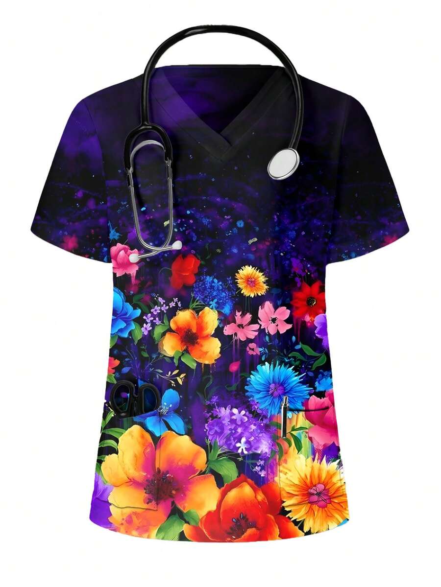 PopScrub 女士花朵印花简约日常短袖工作磨砂衬衫 - 彩色 - 查看 1