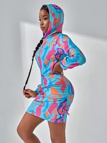 SHEIN Teen Girl's Fashionable Abstract Colorful Digital Printed Drawstring Hoodie Dress, Spring & Autumn