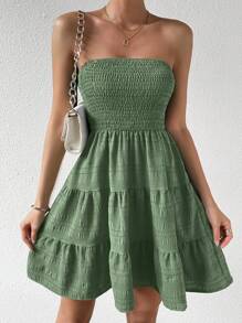 Chiquease 無肩帶多層次下擺洋裝 - 軍綠色 - 查看 6