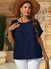 EMERY ROSE Plus Size Summer Vacation Casual Solid Color Textured Batwing Sleeve Shirt