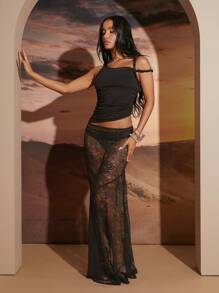 Hauture Fall Vacation Outfits Sheer All Lace Mermaid Maxi Skirt - Black - View 2