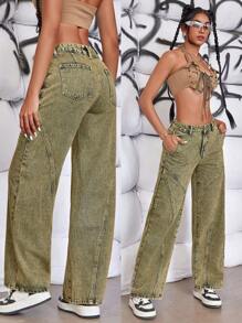 SHEIN ICON 女士休閒直筒牛仔褲，寬鬆版型，附口袋，復古洗水丹寧褲