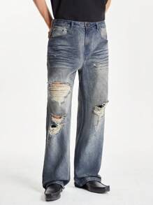 NEON BLANC Men's Cotton Distressed Loose Straight-Leg Spray-Painted Jeans