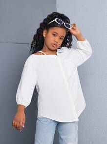 SHEIN Camisa informal holgada de unicolor con un solo hombro asimétrico y tirante frío de manga larga para niñas preadolescentes