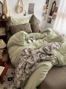 3pcs Green Flannel Dorm Bedding Set, Including Duvet Cover, Pillowcase - Green - View 6