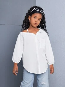 SHEIN Camisa informal holgada de unicolor con un solo hombro asimétrico y tirante frío de manga larga para niñas preadolescentes