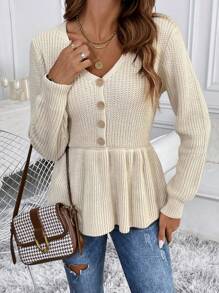 SHEIN LUNE Women's V-Neck Button Long Sleeve Sweater With Ruffled Hemline, Elegant & Fashionable Knit Pullover Fall Winter Outfit