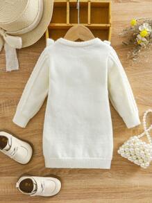 SHEIN Baby Girl Solid Color Ruffle Hem Knitted Long Sleeve Dress, Autumn/Winter - White - View 2