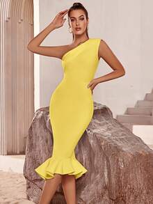 ADYCE Sleeveless One-Shoulder Bandage Mermaid Party Prom Dress - Yellow - View 5
