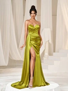 Faeriesty Satin Draped Side Split Thigh Formal Tube Party Dress - Olive Green - View 4