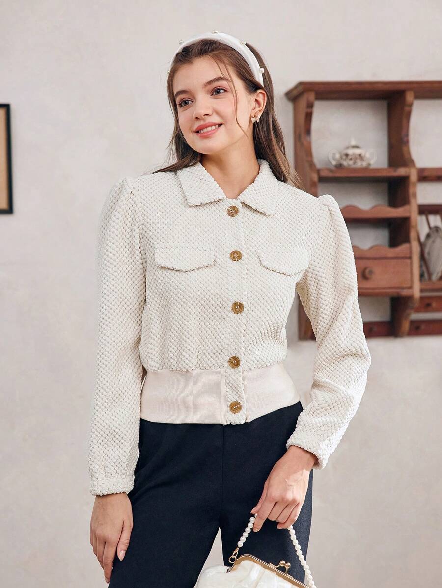Teen Girl Fashionable Short Bubble Sleeve Casual Jacket With Single-Breasted Button - Apricot - View 1