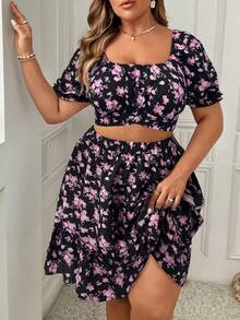 Franclia 大尺碼女士度假小花方領綁蝴蝶結短束背心和裙子套裝 - 彩色 - 查看 4