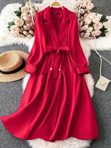 SHEIN Unity Plus Size Elegant Red Double-Breasted Mid-Length Wool Coat - Red - View 3