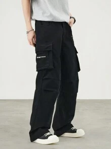 Claim Dot Men Drawstring Waist Flap Pocket Cargo Trousers - Black - View 3