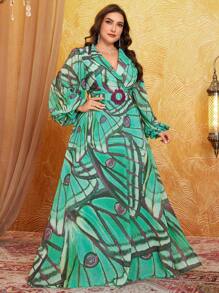 UNITHORSE Große Größen Zufallsschnitt Blumenmuster Aquarell Kragen, Laternenschlitz Ärmel, digitaler Aquarelldruck, hochwertig und elegantes Chiffon-Kleid mit ausgestelltem Saum, elegantes Partykleid, Hochzeitsgast Kleid, formelles Abendkleid