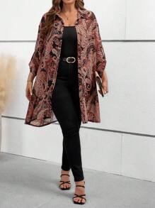 SHEIN Clasi Plus Size Chiffon Printed Open-Front Long Shirt Fall Women Clothes - Multicolor - View 4