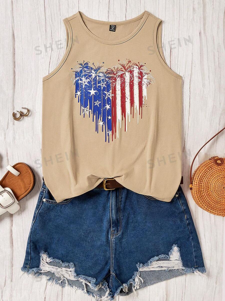 SHEIN LUNE Top sin mangas con cuello redondo y estampado del día de la independencia en talla grande para uso casual diario - Caqui - Ver 1