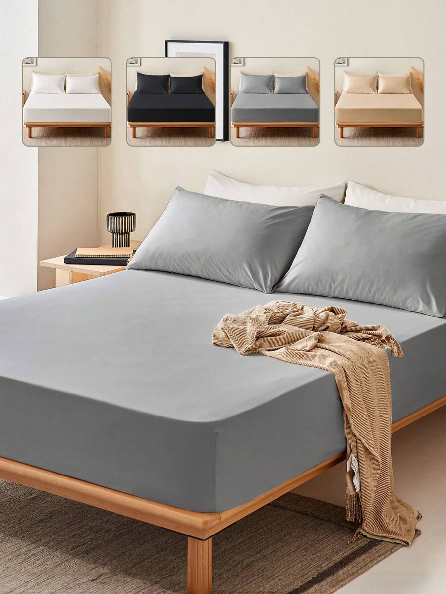 2/3pcs Solid Color Fitted Sheet Set - 1pc Bed Sheet And 1/2pcs Pillowcases, Deep Pocket Mattress Cover, , Soft And Breathable, For All Size Bed -Twin, Full, King, Queen Size Sheet,Fall Decor,Autumn Decor,Room Decor - Light Grey - View 1