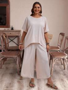 EMERY ROSE Conjunto de dos piezas de uso diario de talla grande para mujeres, con blusa de cuello redondo y pantalones, diseño liso y sencillo - Albaricoque - Ver 5