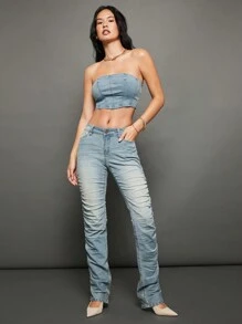 WESTFADE Premium 92% Cotton Denim Stacked Straight Leg Jeans - Light Wash - View 5