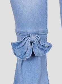 Tween Girls Light Washed Blue Bowknot Elastic Flared Jeans With Frayed Edges - Light Wash - View 4