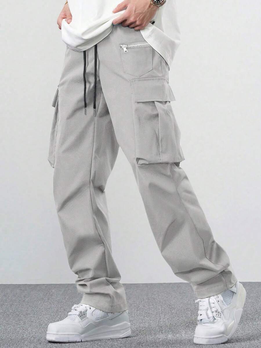 Claim Dot Pantalones cargo holgados para hombres con cintura con cordón, pantalones cargo para hombres, pantalones cargo holgados, pantalones cargo con bolsillos, pantalones cargo grises holgados para hombres, otoño - Gris Claro - Ver 1