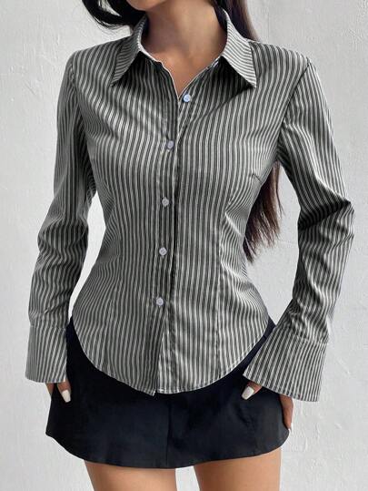 Flirla Ladies' Solid Color Slim Fit Striped Long Sleeve Shirt,Long Sleeve Tops Fall Cloth For Women