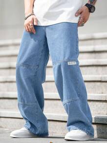 Manfinity Homme Men's Loose-Fit Alphabet Printed Wide Leg Baggy Jeans With Insert Pocket, Casual And Versatile