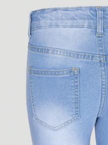 Tween Girls Light Washed Blue Bowknot Elastic Flared Jeans With Frayed Edges - Light Wash - View 3