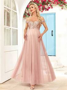 Maternity Cold Shoulder Sequin Contrast Mesh Formal Party Photoshoot Dress