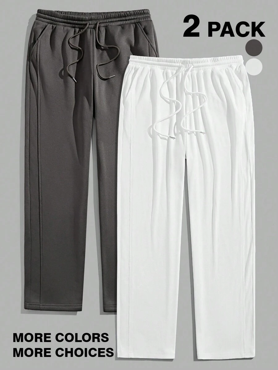 Manfinity VCAY Manfinity Basics 2pcs Men's Knitted Elastic Waist Drawstring Straight Pants, Casual Long Fit For Spring And Autumn Seasonbaggy Pants - Multicolor - View 1