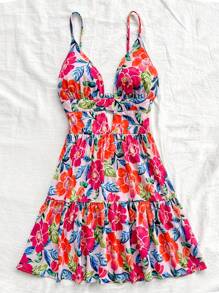 Soleia Women's Vacation Early Autumn Graduation Season Back To School Season Back To School Clothes Fall Clothes Vacation Wear V-Neck Suspender Backless Multi-Color Plant Flower Pattern Print A-Line Mini Dress - Multicolor - View 4