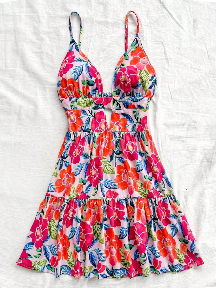 Soleia Women's Vacation Early Autumn Graduation Season Back To School Season Back To School Clothes Fall Clothes Vacation Wear V-Neck Suspender Backless Multi-Color Plant Flower Pattern Print A-Line Mini Dress - Multicolor - View 4