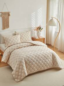 3入組卡其色菱形格紋刺繡聚酯棉被套套裝，簡約日式風格床單枕套套裝，適用於四季