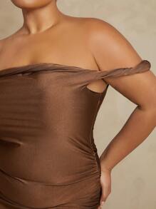 Hauture Plus Twist Off Shoulder Ruched Sexy Maxi Dress - Brown - View 3