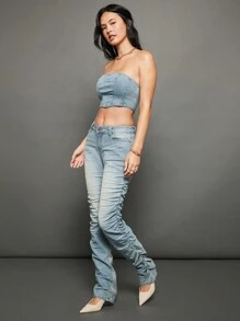 WESTFADE Premium 92% Cotton Denim Stacked Straight Leg Jeans - Light Wash - View 11