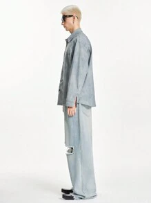 Manfinity VCAY 男士休闲 100% 纯棉牛仔效果宽松长袖衬衫，适合春秋季日常穿着 - 卡其色 - 查看 5